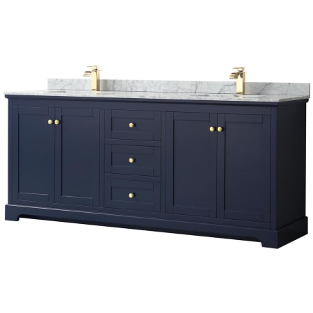 A large image of the Wyndham Collection WCV232380DCMUNSMXX Dark Blue / White Carrara Marble Top / Brushed Gold Hardware