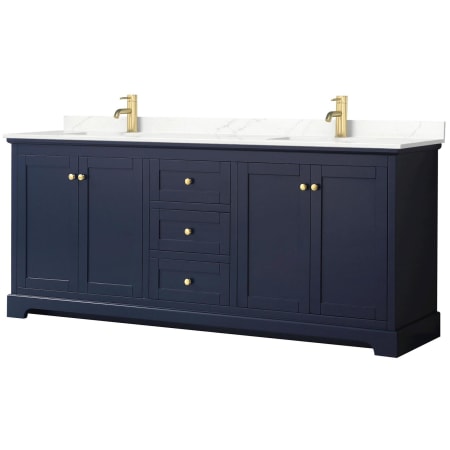 A large image of the Wyndham Collection WCV232380D-QTZ-UNSMXX Dark Blue / Giotto Quartz Top / Brushed Gold Hardware