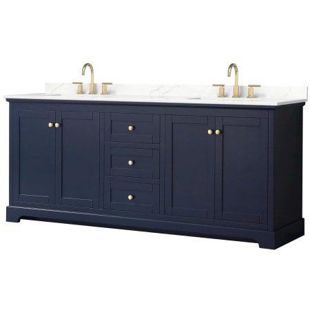 A large image of the Wyndham Collection WCV232380D-QTZ-US3MXX Dark Blue / Giotto Quartz Top / Brushed Gold Hardware