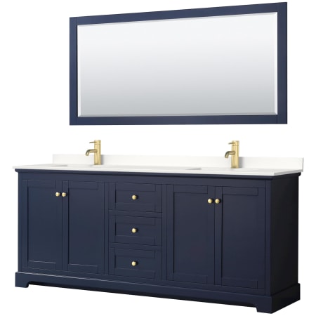 A large image of the Wyndham Collection WCV232380D-QTZ-UNSM70 Dark Blue / White Quartz Top / Brushed Gold Hardware