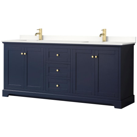 A large image of the Wyndham Collection WCV232380D-QTZ-UNSMXX Dark Blue / White Quartz Top / Brushed Gold Hardware