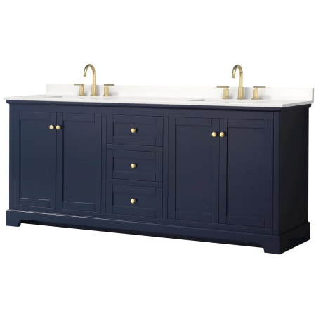 A large image of the Wyndham Collection WCV232380D-QTZ-US3MXX Dark Blue / White Quartz Top / Brushed Gold Hardware