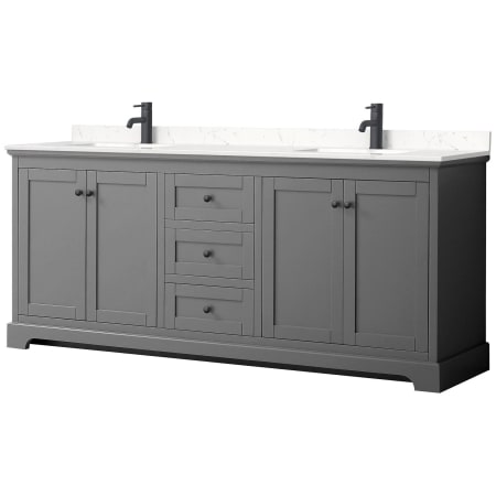 A large image of the Wyndham Collection WCV232380D-VCA-MXX Dark Gray / Carrara Cultured Marble Top / Matte Black Hardware