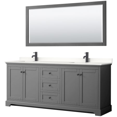 A large image of the Wyndham Collection WCV232380D-QTZ-UNSM70 Dark Gray / White Quartz Top / Matte Black Hardware