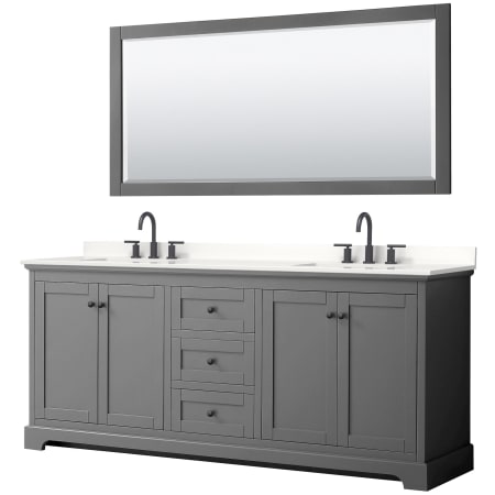 A large image of the Wyndham Collection WCV232380D-QTZ-US3M70 Dark Gray / White Quartz Top / Matte Black Hardware