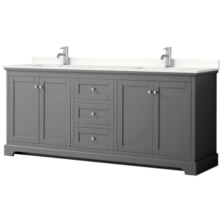 A large image of the Wyndham Collection WCV232380D-QTZ-UNSMXX Dark Gray / White Quartz Top / Polished Chrome Hardware