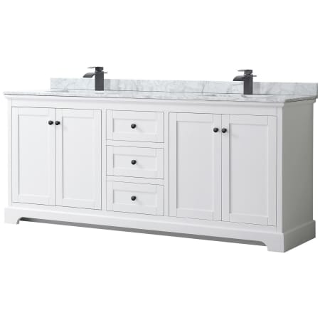 A large image of the Wyndham Collection WCV232380DCMUNSMXX White / White Carrara Marble Top / Matte Black Hardware