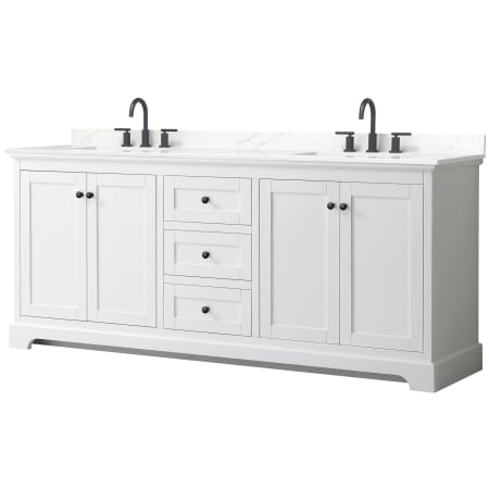 A large image of the Wyndham Collection WCV232380D-QTZ-US3MXX White / Giotto Quartz Top / Matte Black Hardware