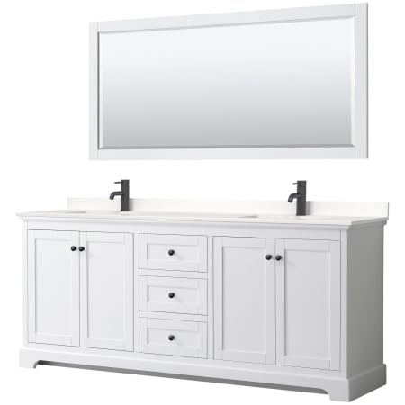 A large image of the Wyndham Collection WCV232380D-QTZ-UNSM70 White / White Quartz Top / Matte Black Hardware