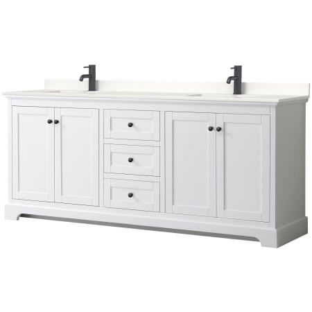 A large image of the Wyndham Collection WCV232380D-QTZ-UNSMXX White / White Quartz Top / Matte Black Hardware