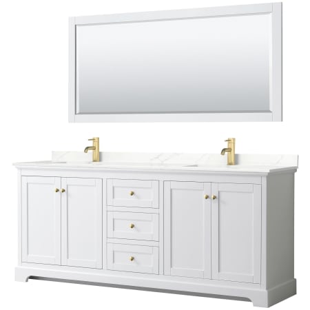 A large image of the Wyndham Collection WCV232380D-QTZ-UNSM70 White / Giotto Quartz Top / Brushed Gold Hardware