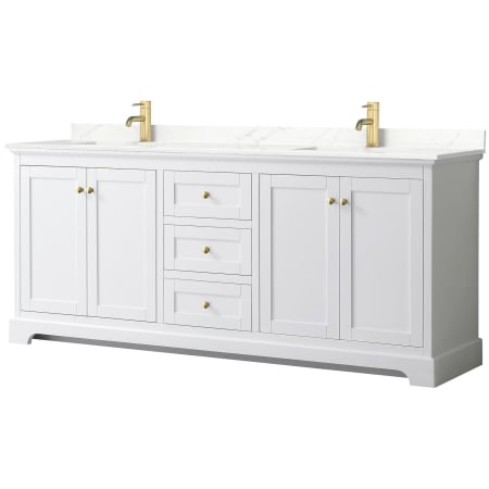 A large image of the Wyndham Collection WCV232380D-QTZ-UNSMXX White / Giotto Quartz Top / Brushed Gold Hardware