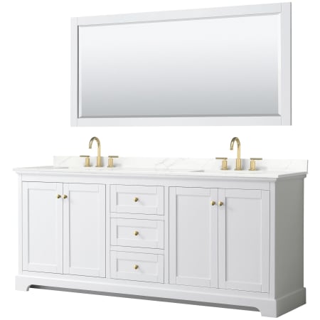 A large image of the Wyndham Collection WCV232380D-QTZ-US3M70 White / Giotto Quartz Top / Brushed Gold Hardware