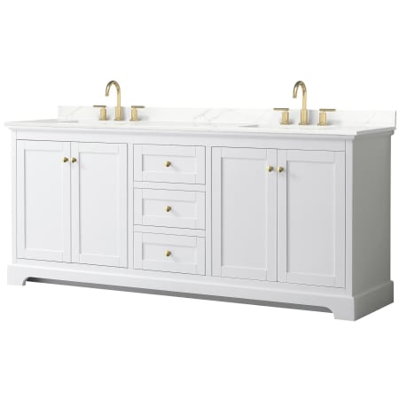 A large image of the Wyndham Collection WCV232380D-QTZ-US3MXX White / Giotto Quartz Top / Brushed Gold Hardware