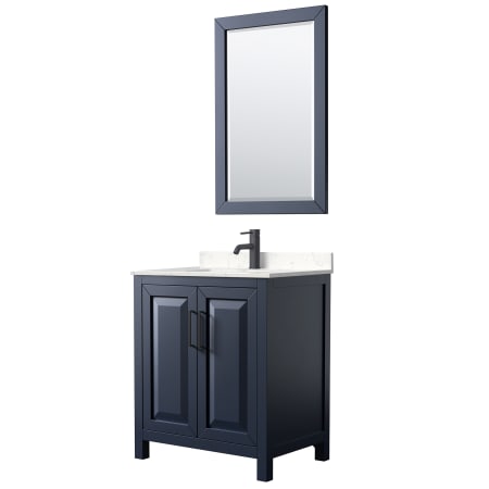 A large image of the Wyndham Collection WCV252530S-VCA-M24 Dark Blue / Carrara Cultured Marble Top / Matte Black Hardware