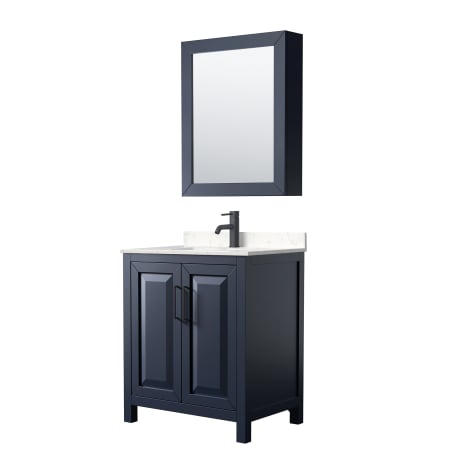 A large image of the Wyndham Collection WCV252530S-VCA-MED Dark Blue / Carrara Cultured Marble Top / Matte Black Hardware
