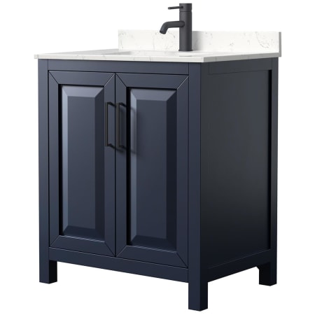 A large image of the Wyndham Collection WCV252530S-VCA-MXX Dark Blue / Carrara Cultured Marble Top / Matte Black Hardware