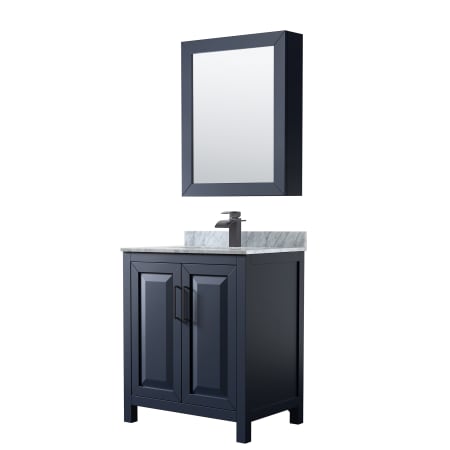 A large image of the Wyndham Collection WCV252530SUNSMED Dark Blue / White Carrara Marble Top / Matte Black Hardware