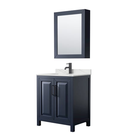 A large image of the Wyndham Collection WCV252530S-QTZ-UNSMED Dark Blue / Giotto Quartz Top / Matte Black Hardware