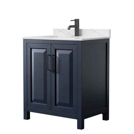 A large image of the Wyndham Collection WCV252530S-QTZ-UNSMXX Dark Blue / Giotto Quartz Top / Matte Black Hardware