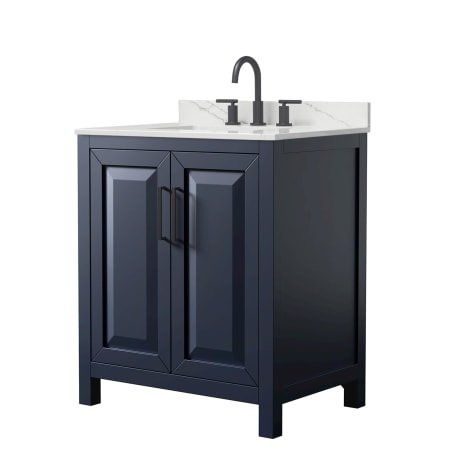 A large image of the Wyndham Collection WCV252530S-QTZ-US3MXX Dark Blue / Giotto Quartz Top / Matte Black Hardware