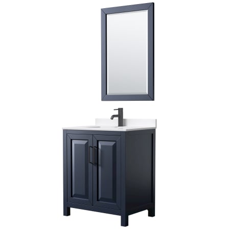 A large image of the Wyndham Collection WCV252530S-QTZ-UNSM24 Dark Blue / White Quartz Top / Matte Black Hardware