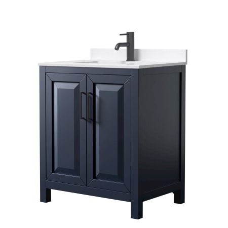 A large image of the Wyndham Collection WCV252530S-QTZ-UNSMXX Dark Blue / White Quartz Top / Matte Black Hardware