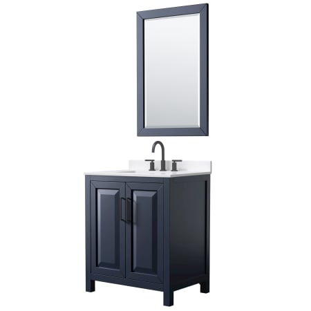 A large image of the Wyndham Collection WCV252530S-QTZ-US3M24 Dark Blue / White Quartz Top / Matte Black Hardware