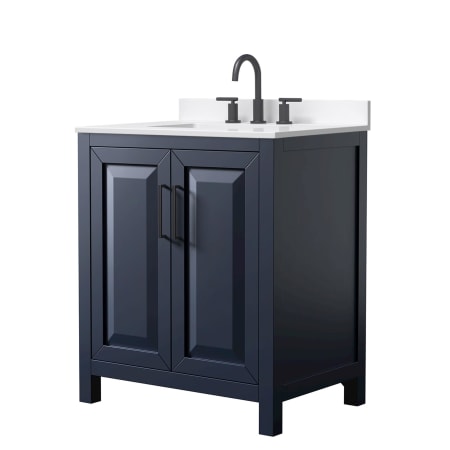 A large image of the Wyndham Collection WCV252530S-QTZ-US3MXX Dark Blue / White Quartz Top / Matte Black Hardware