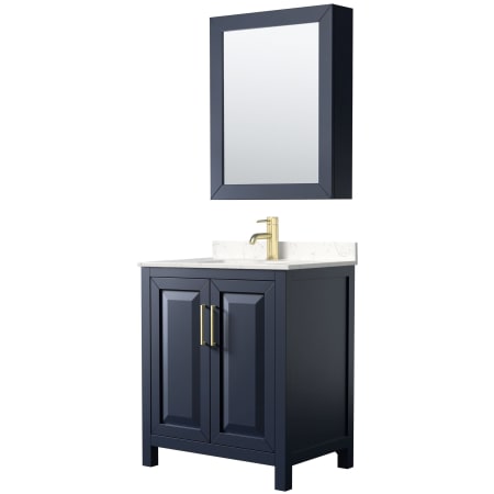 A large image of the Wyndham Collection WCV252530S-VCA-MED Dark Blue / Carrara Cultured Marble Top / Brushed Gold Hardware