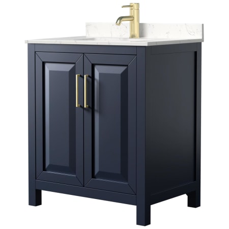 A large image of the Wyndham Collection WCV252530S-VCA-MXX Dark Blue / Carrara Cultured Marble Top / Brushed Gold Hardware
