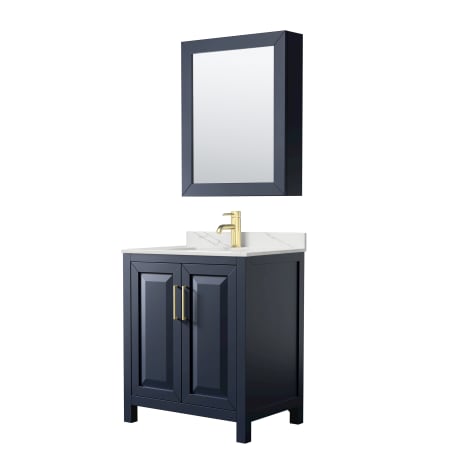 A large image of the Wyndham Collection WCV252530S-QTZ-UNSMED Dark Blue / Giotto Quartz Top / Brushed Gold Hardware