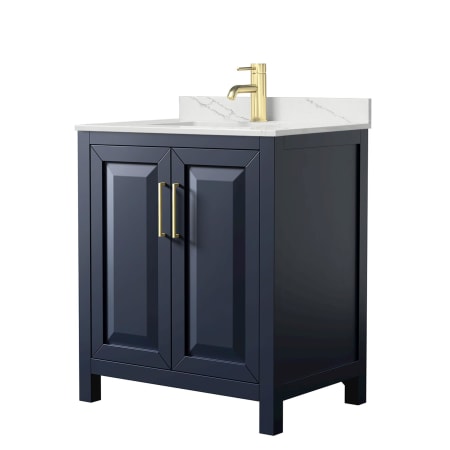 A large image of the Wyndham Collection WCV252530S-QTZ-UNSMXX Dark Blue / Giotto Quartz Top / Brushed Gold Hardware