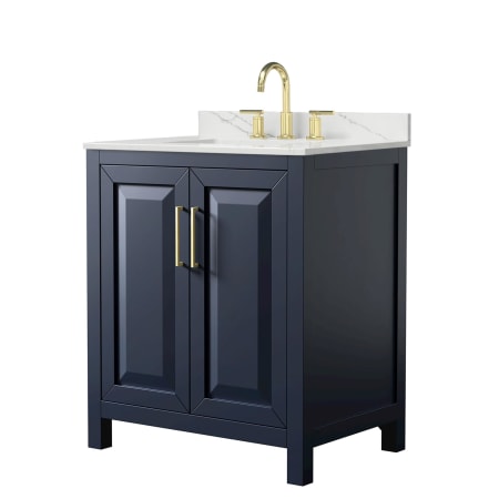 A large image of the Wyndham Collection WCV252530S-QTZ-US3MXX Dark Blue / Giotto Quartz Top / Brushed Gold Hardware