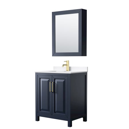 A large image of the Wyndham Collection WCV252530S-QTZ-UNSMED Dark Blue / White Quartz Top / Brushed Gold Hardware