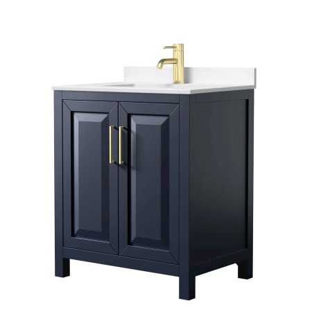 A large image of the Wyndham Collection WCV252530S-QTZ-UNSMXX Dark Blue / White Quartz Top / Brushed Gold Hardware