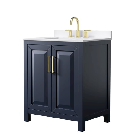 A large image of the Wyndham Collection WCV252530S-QTZ-US3MXX Dark Blue / White Quartz Top / Brushed Gold Hardware