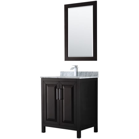 A large image of the Wyndham Collection WCV252530SUNSM24 Dark Espresso / White Carrara Marble Top / Polished Chrome Hardware