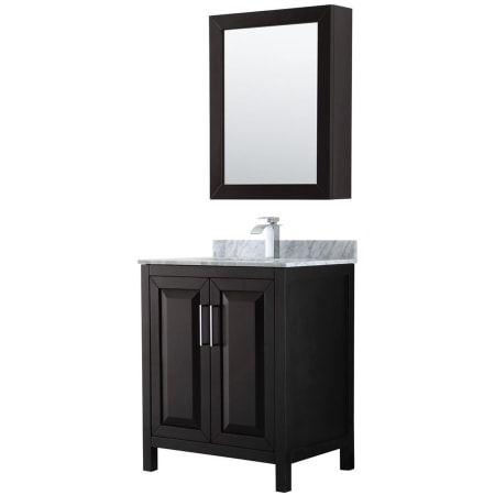 A large image of the Wyndham Collection WCV252530SUNSMED Dark Espresso / White Carrara Marble Top / Polished Chrome Hardware
