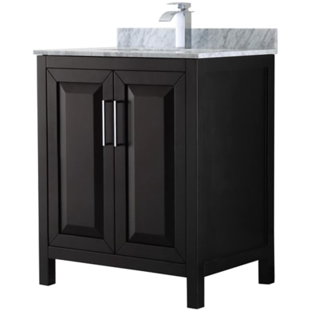 A large image of the Wyndham Collection WCV252530SUNSMXX Dark Espresso / White Carrara Marble Top / Polished Chrome Hardware