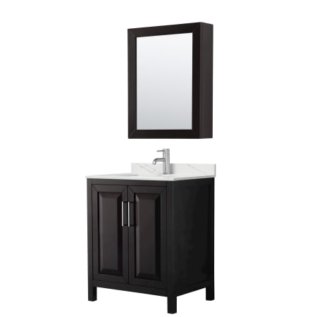 A large image of the Wyndham Collection WCV252530S-QTZ-UNSMED Dark Espresso / Giotto Quartz Top / Polished Chrome Hardware