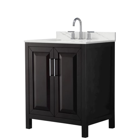 A large image of the Wyndham Collection WCV252530S-QTZ-US3MXX Dark Espresso / Giotto Quartz Top / Polished Chrome Hardware