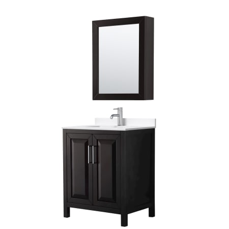 A large image of the Wyndham Collection WCV252530S-QTZ-UNSMED Dark Espresso / White Quartz Top / Polished Chrome Hardware