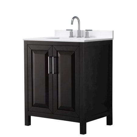 A large image of the Wyndham Collection WCV252530S-QTZ-US3MXX Dark Espresso / White Quartz Top / Polished Chrome Hardware