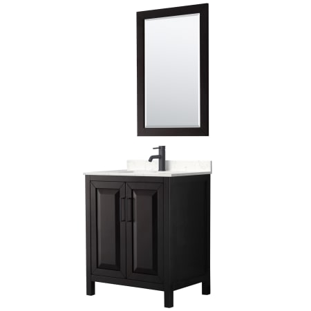 A large image of the Wyndham Collection WCV252530S-VCA-M24 Dark Espresso / Carrara Cultured Marble Top / Matte Black Hardware
