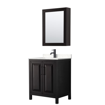 A large image of the Wyndham Collection WCV252530S-VCA-MED Dark Espresso / Carrara Cultured Marble Top / Matte Black Hardware