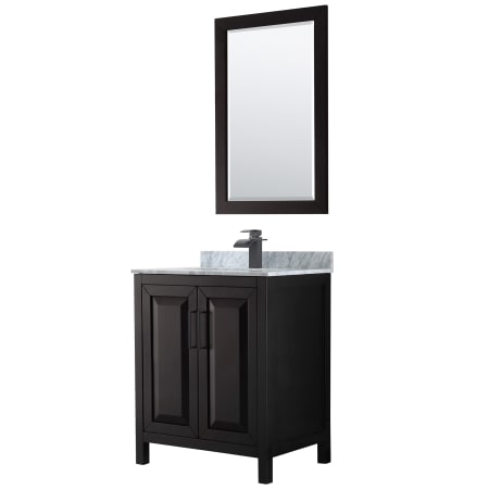 A large image of the Wyndham Collection WCV252530SUNSM24 Dark Espresso / White Carrara Marble Top / Matte Black Hardware