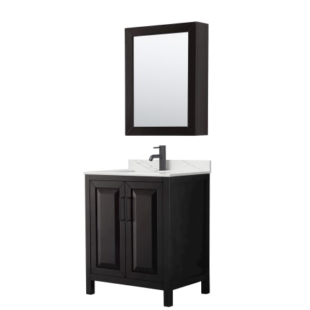 A large image of the Wyndham Collection WCV252530S-QTZ-UNSMED Dark Espresso / Giotto Quartz Top / Matte Black Hardware