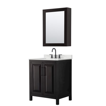 A large image of the Wyndham Collection WCV252530S-QTZ-US3MED Dark Espresso / Giotto Quartz Top / Matte Black Hardware