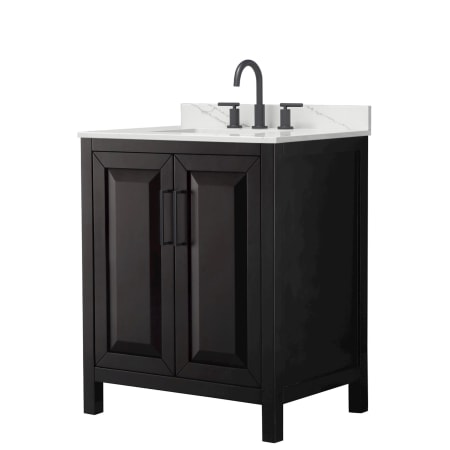 A large image of the Wyndham Collection WCV252530S-QTZ-US3MXX Dark Espresso / Giotto Quartz Top / Matte Black Hardware